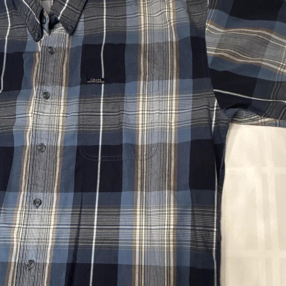 Vintage Chaps Ralph Lauren Plaid Shirt Mens L Short Sleeve Button Down Blue 90s
